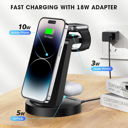 3 in 1 Charging Station for iPhone, Wireless Charger for iPhone 17 16e 16 15 14 13 12 11 X Pro Max & Apple Watch - Wireless Charging Station for AirPods 4 3 Pro