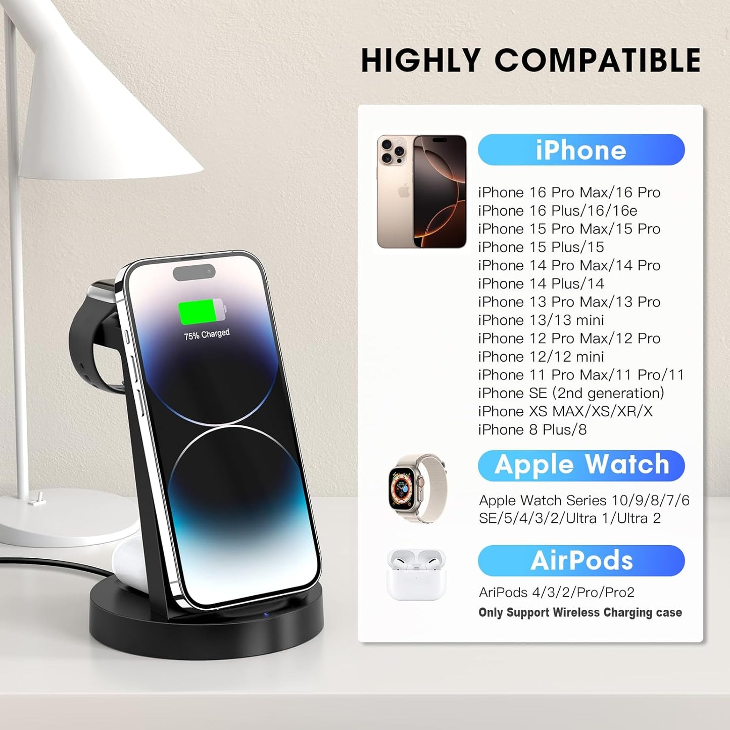 3 in 1 Charging Station for iPhone, Wireless Charger for iPhone 17 16e 16 15 14 13 12 11 X Pro Max & Apple Watch - Wireless Charging Station for AirPods 4 3 Pro